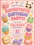 Squishtastic birthday party printable invitation featuring kawaii squishy characters