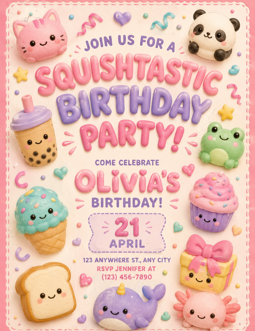 Squishtastic birthday party printable invitation featuring kawaii squishy characters